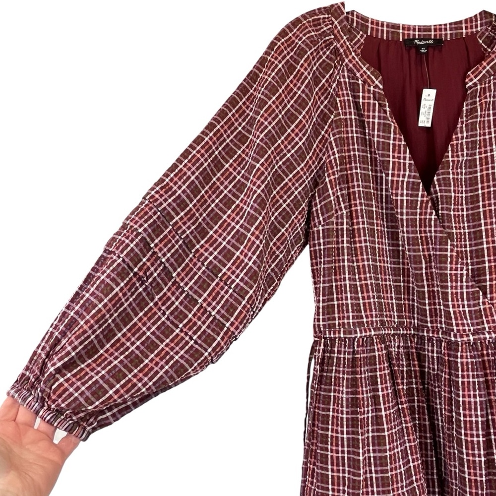 NEW Madewell Seersucker Wrap Mini Dress in Dark Merlot StripSz XS NWT - Picture 8 of 15